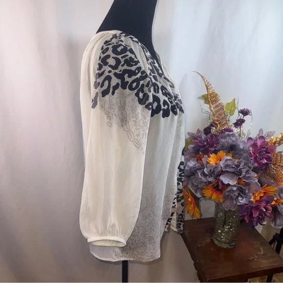 IN Studio Sheer Leopard Print Blouse Cream Black Boho Chic Top L - Picture 4 of 8